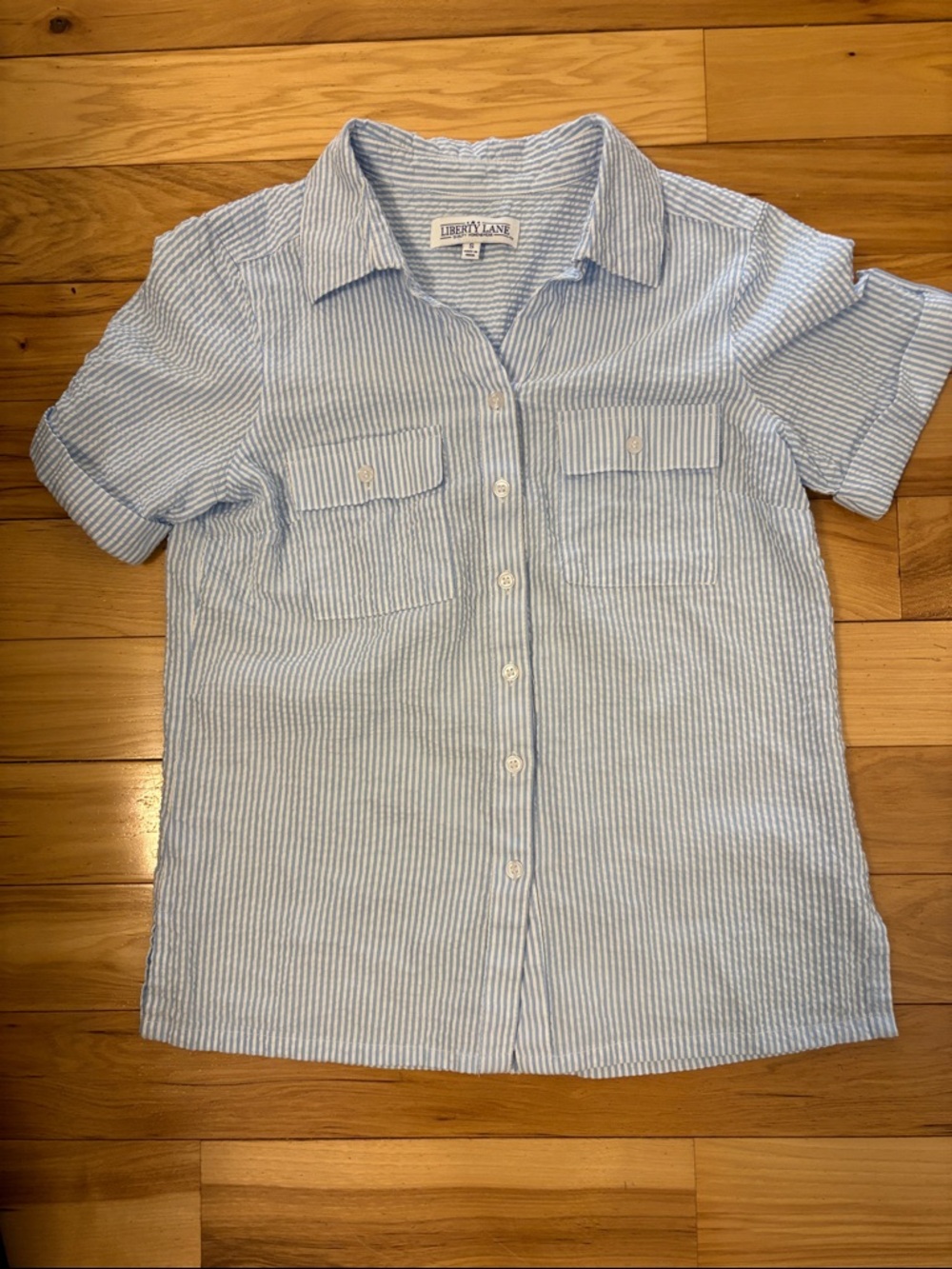 Women’s 100% Cotton Blue and White Seersucker Button-Up Shirt (Small)